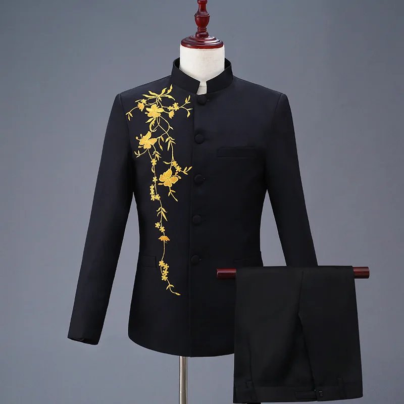 

Two Pcs Set Suit Jacket Pants / 2023 Fashion Men's Casual Boutique Personalized Printing Stand Up Collar Chinese Tunic Blazers