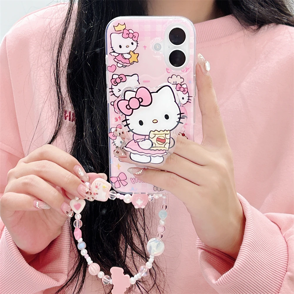 Милый розовый чехол-подставка Hello Kitty с 3D мультяшным держателем для iPhone 16 14 13 15 Pro Max