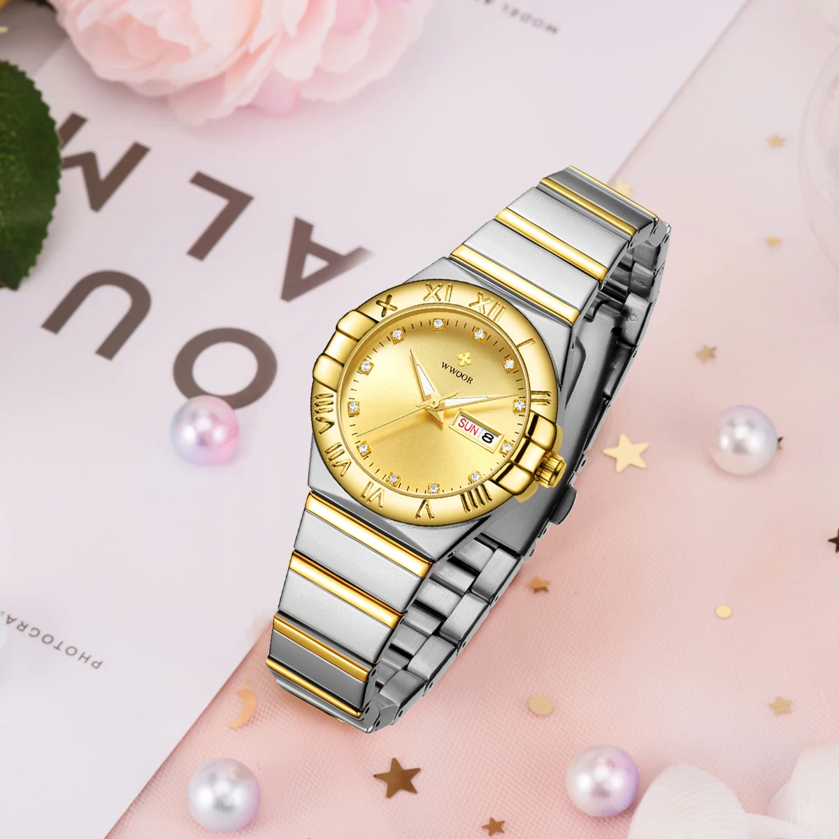 WWOOR золотые женские часы из нержавеющей стали роскошные часы-браслет кварцевые с
