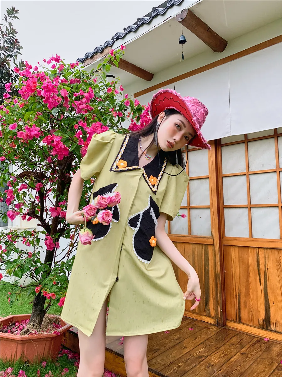 

ZCSMLL Yellow Puff Sleeve Designer Korean Fashion Dress For Women 2022 Summer Short Sleeve Collar Mini Shirt Dress Summer