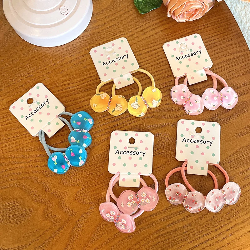 

2022 Japanese Korean Style Small Bow Print Flower Small Elastic Hair Band For Girl Children Candy Color Cute Pink Rubber Ties