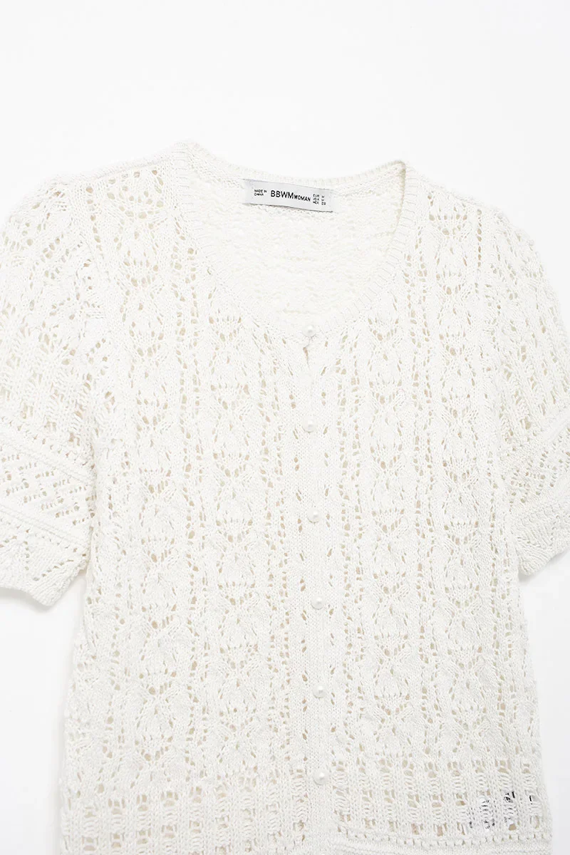 Женский жаккардовый Топ на пуговицах белый вязаный с короткими рукавами и