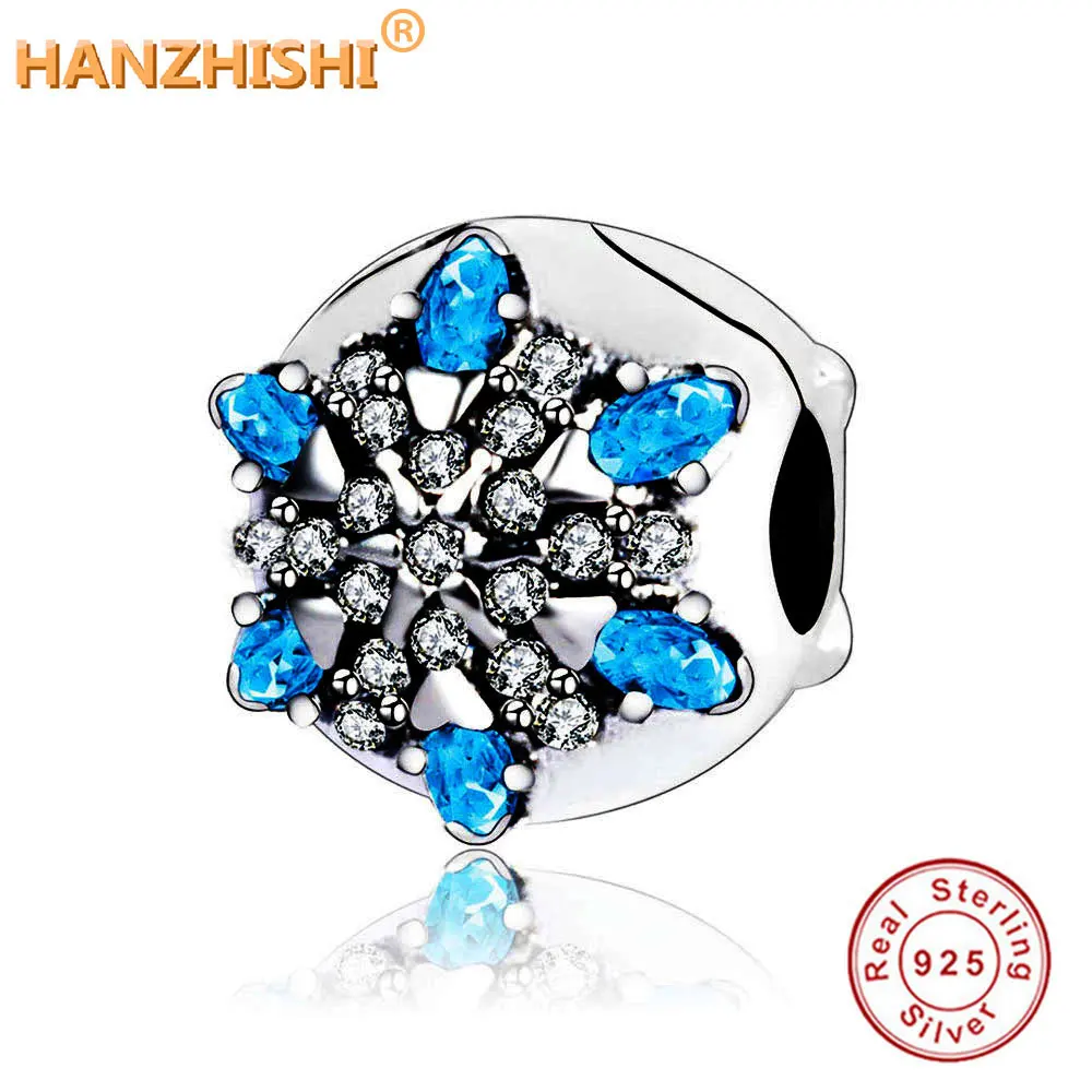 

2022 Winter Collection 100% 925 Sterling Silver Beads Snowflake Cilp Charms with Blue Clear CZ Fit Pandora Bracelet Jewelry Gift