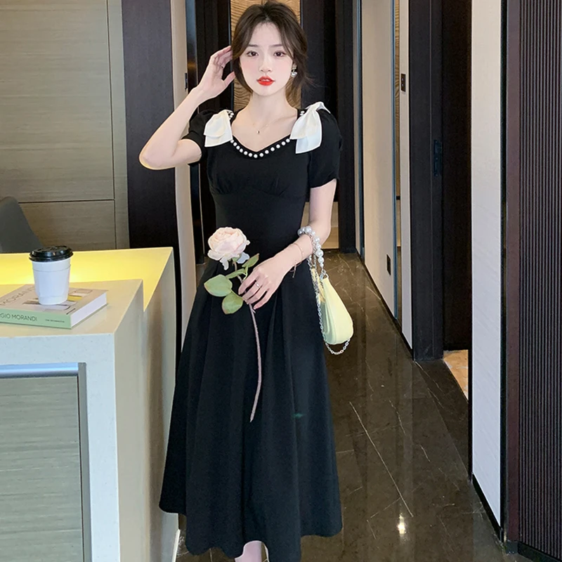 2024 Черное шикарное сексуальное платье миди Y2k с бантом весна-лето элегантное