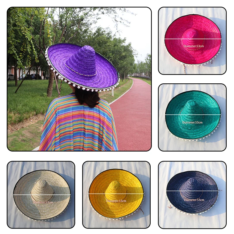 

Halloween Pompom Straw Hat Colorful Decorations Sun Hats Wedding Costume Party Mexican Holiday Decorations