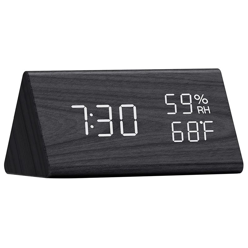 

Электронный цифровой будильник, деревянный дизайн с датчиком влажности и температуры для спальни, прикроватного столика, офиса, детей