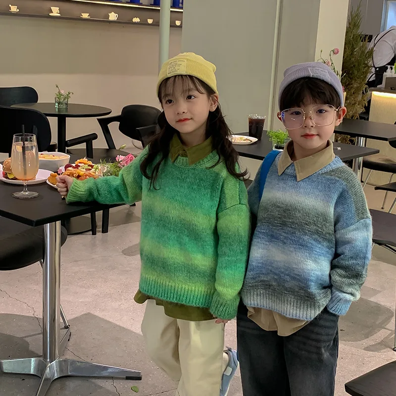 

Детский свитер на весну и осень, Новые свитера с градиентом для мальчиков и девочек, корейские пуловеры, повседневные милые простые пуловер...