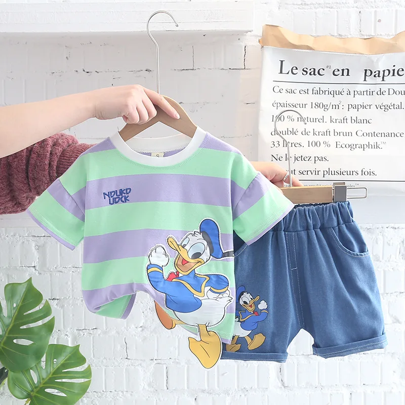 

Children's Set Boys and Girls Striped Cartoon Duck Short-sleeved Shorts Casual and Comfortable Two-piece Suit 2022 Summer