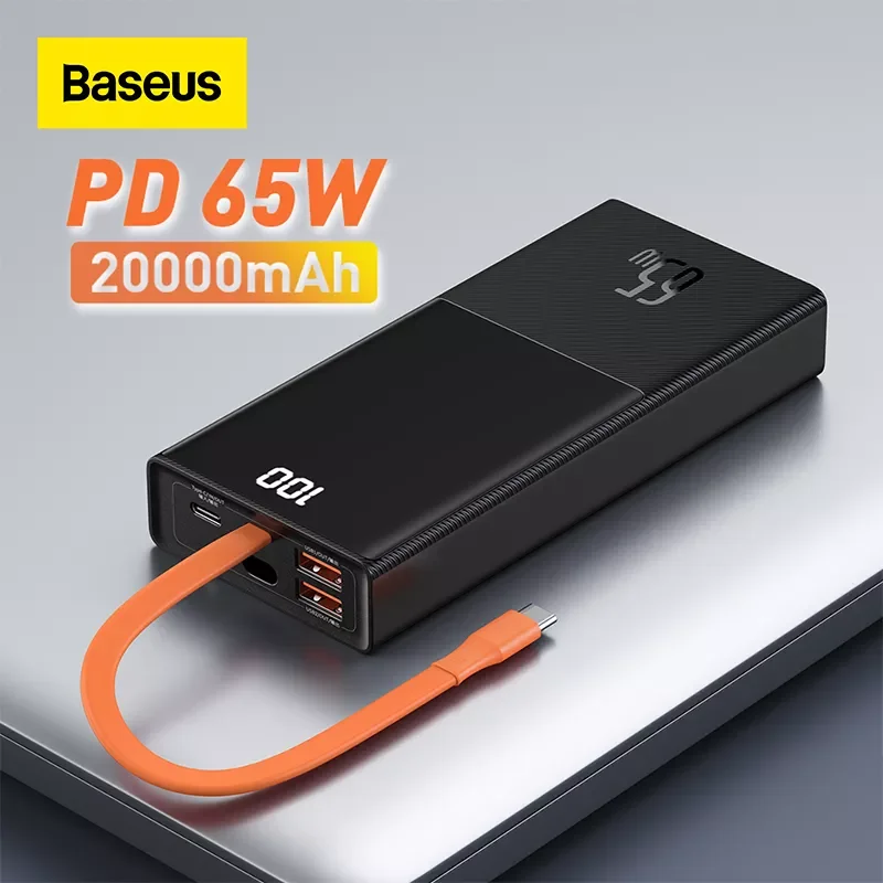 

NEW2023 Baseus 65W Power Bank 20000mAh with Type C Two-Way Cable External Battery for Phone and Notebook, Three-Port Fast chargi