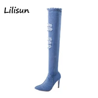 thigh high boots women denim jean over knee sexy pointed toe stiletto high heels boot ladies elastic stretch slim long booties