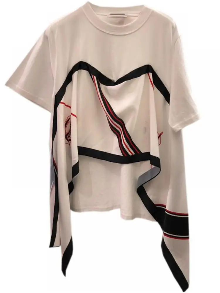 

yuerwang Women Cotton T Shirt Short Sleeves Patchwork Asymmetrical Tshirt New 2022 Spring Summer Casual Women Tops Vintage