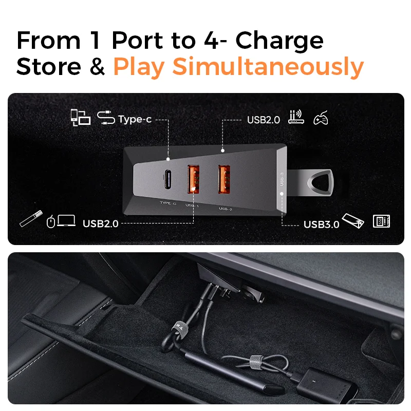 Фото Док-станция для Tesla Model 3/Y/3 Highland/Y Juniper 21+ Glovebox USB-концентратор, 4 порта расширения USB 3.0, передача данных и зарядка №4