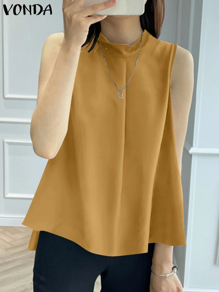 

Sleeveless Tops Women Elegant Office Lady Shirts VONDA 2022 Female Crew Neck Blouse Summer Casual Pleated Tank Tops Vests Blusas