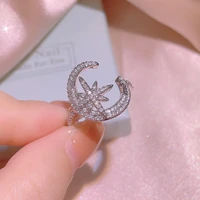 2022 new fahsion star and moon open adjustable ring for women silver plate personalized zircon wedding engagement gift jewelry