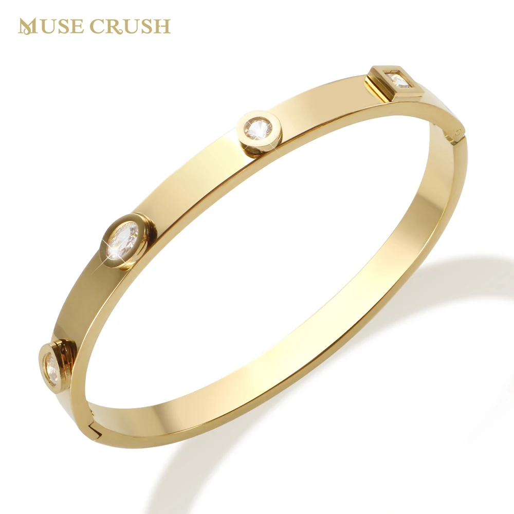 

Muse Crush Luxury Bling Cubic Zirconia Bracelet Bangle for Women Stainless Steel CZ Crystal Bangles Wedding Party Fine Jewelry