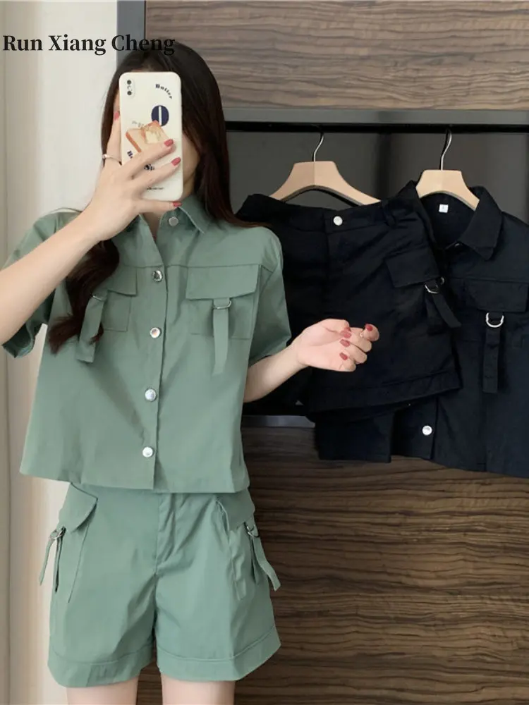 

Summer Cargo Outfits for Women 2023 New Fashion Chic and Elegant Designer Oversize Short Sleeved Shorts Two Piece Set for Women