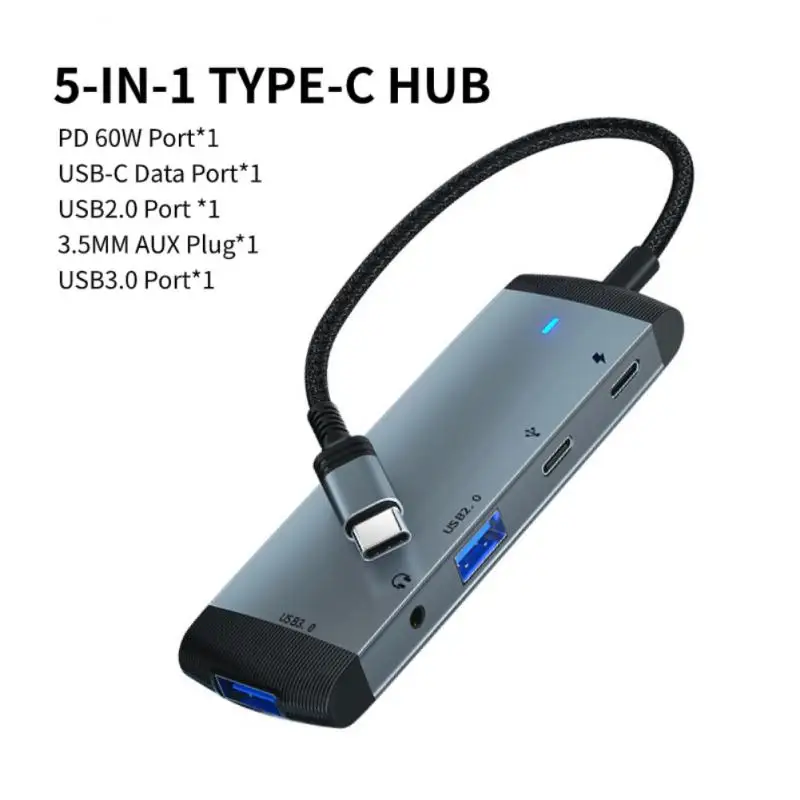 

Multi-function Usb-c Hub Portable Pd 60w Usb 3.0 2.0 Data Transfer With Audio 3.5mm Type-c Docking Station Office Tools 5 In 1
