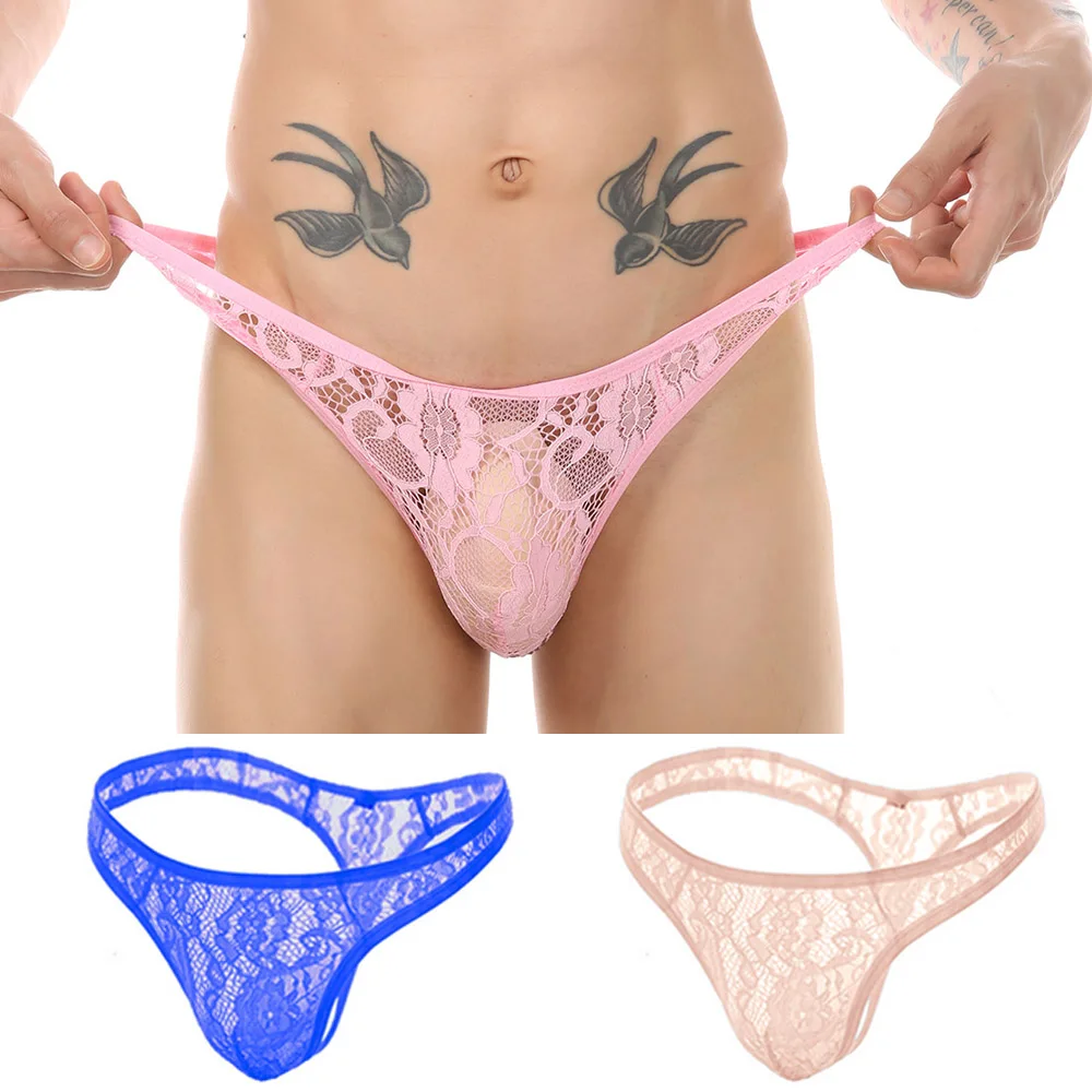 

Men Sexy Lace Sheer Bulge Pouch G-String Bikini Low Rise Breathable Thong Briefs Panties See-Through Soft Underpant Underwear