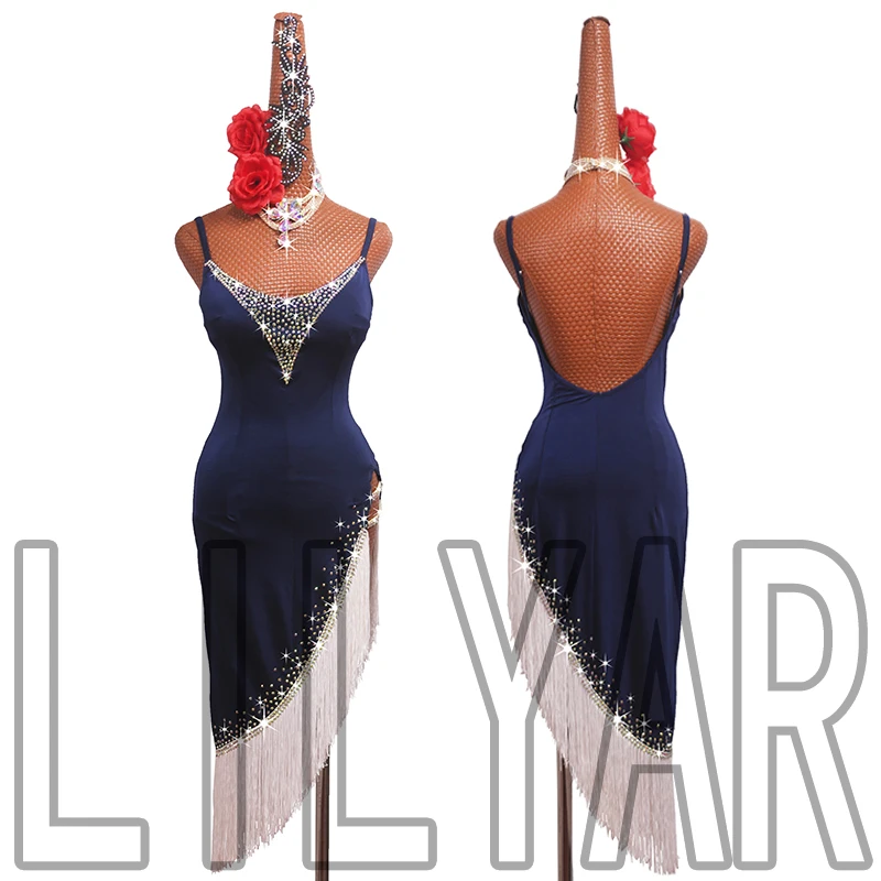 New Professional Latin Dance Dress Performance Competition Dress for Adults Children Blue Ocean Tassels Side Split Dance (art.: 3920cbb4ae96b) - 3920cbb4ae96b