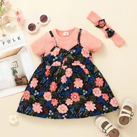 3pcs baby girl clothes set summer newborn infant solid ribbed bodysuit romper floral dress headband outfit for toddler clothing