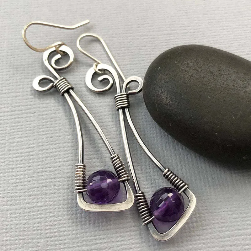 

KYTRD Ethnic Round Purple Stone Boho Earrings Vintage Jewelry Silver Color Spiral Metal Geometry Hollow Dangle Earring Gift