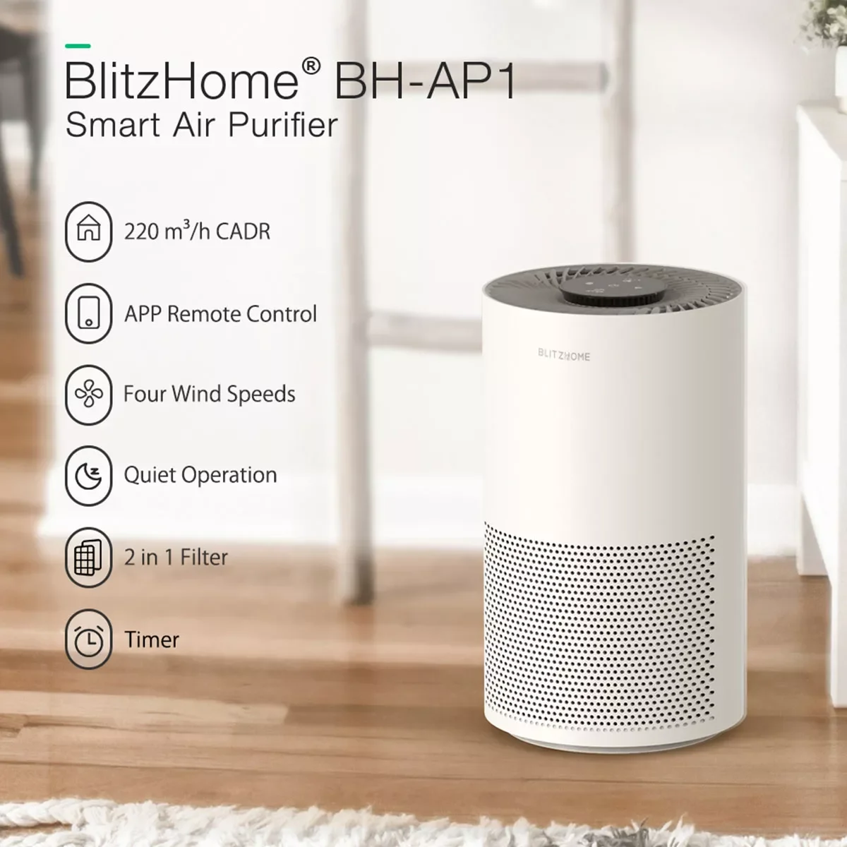 

Умный очиститель воздуха BlitzHome, воздушный очиститель с активированным углем и управлением через приложение, устраняет запахи и дезодорируе...