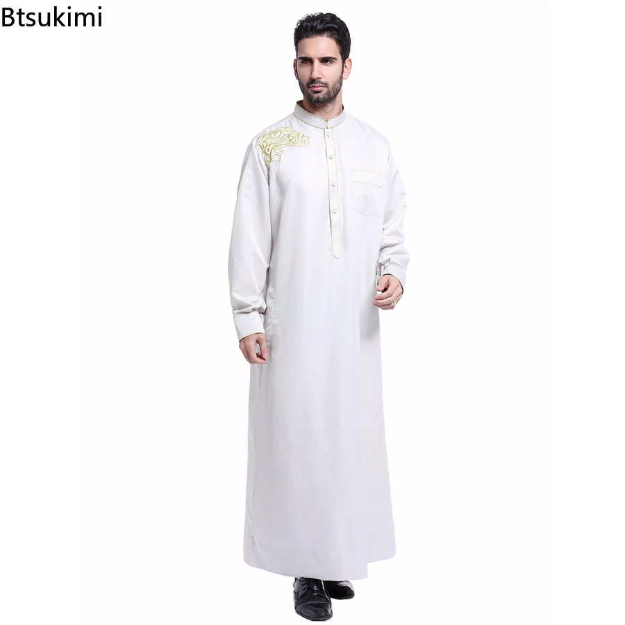 New Muslim Men Islamic Long Sleeves Ramadan Robe Stand Collar Embroidery Dubai Long Abaya Thobe Kaftan Thawb Costume Ethnic Robe