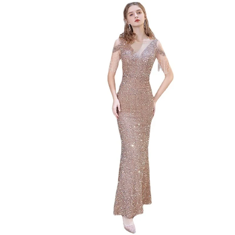 

Golden Evening Dress 2023 New Spring Banquet Style Fish Tail Slim Fit Celebrity Host fashion Perfect body sexy Delicate woman