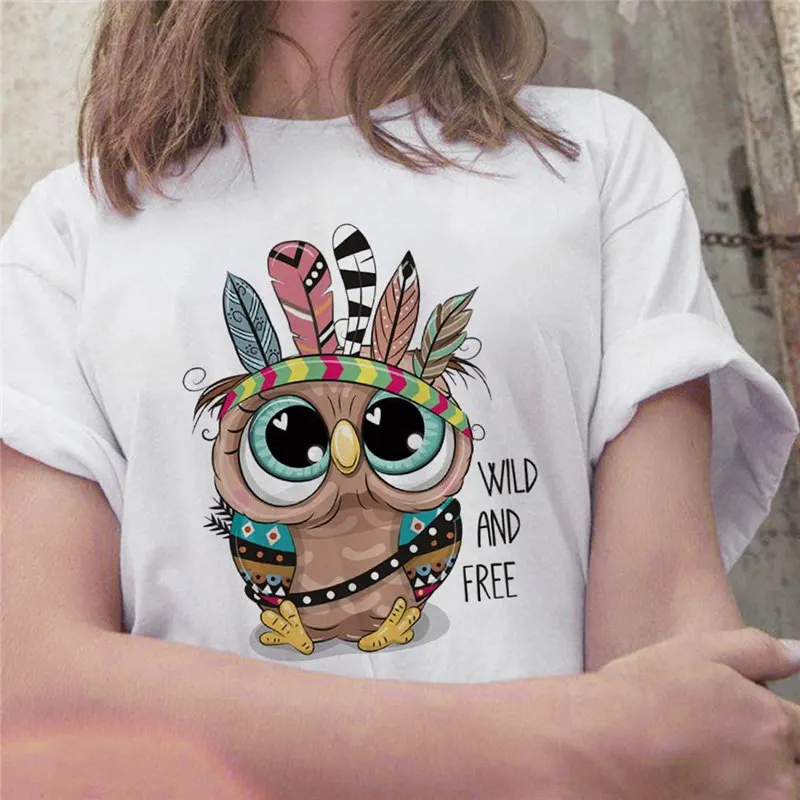 

New Style Summer Cute Owl Graphic Printed Ladies T-shirt Harajuku Ulzzang 90s Print T Shirt Women Tshirt