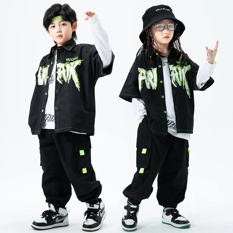 

Футболка и штаны-карго с принтом для мальчиков и девочек, крутая зеленая куртка для уличных танцев в стиле хип-хоп, джоггеры, комплект одежды, Детская уличная одежда, костюм для джаза