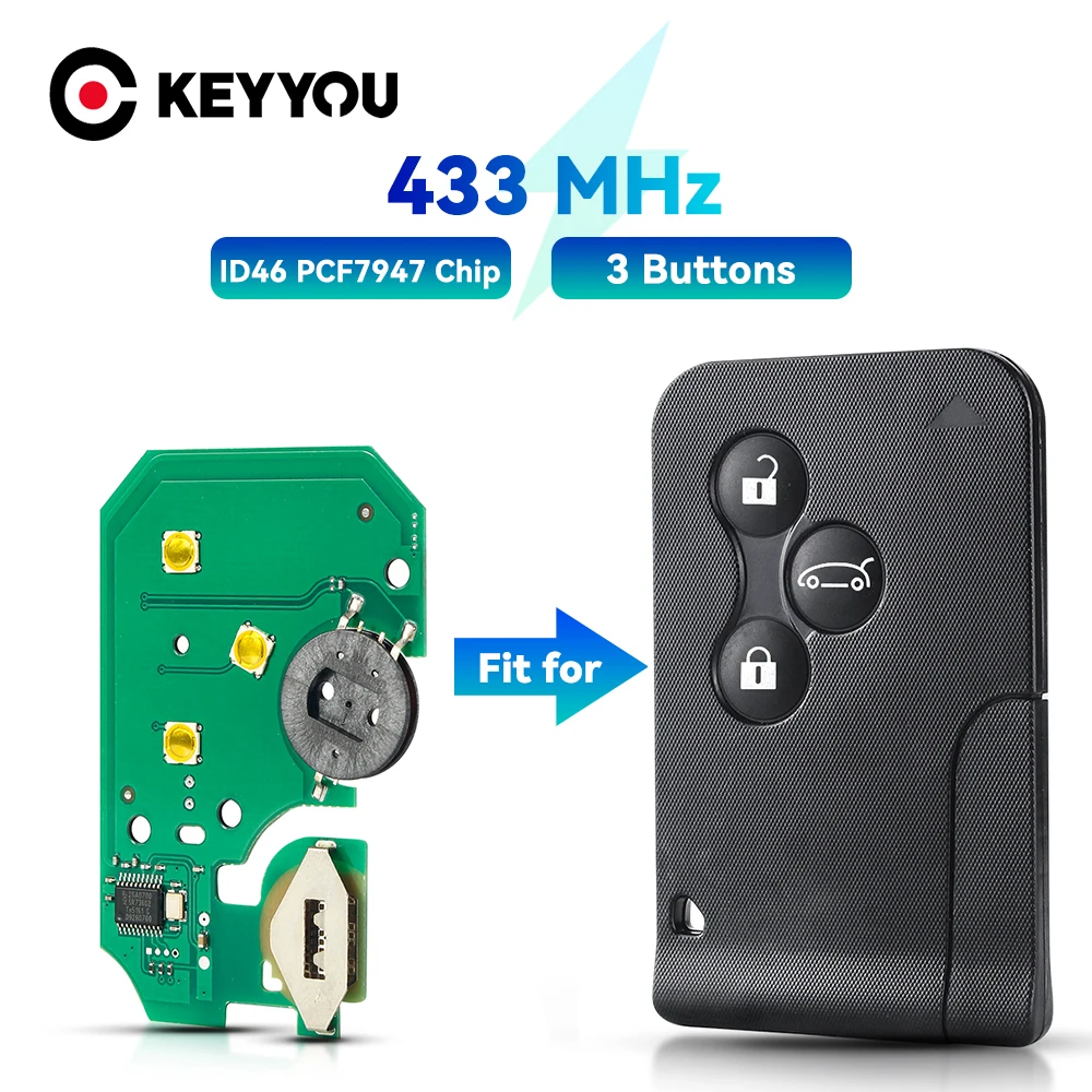 

Чип KEYYOU ID46 PCF7947, 3 кнопки, для Renault Clio Logan Megane 2 3 Scenic Fob 433 МГц, смарт-карта, дистанционный ключ, печатная плата