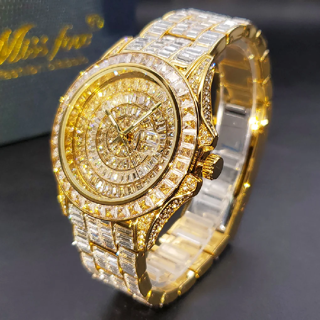 

Gold Men's Watch With 322 Pcs Baguette Expensive Hip Hop Style Ice Out Diamond Quartz Watches Drop ship Look Like a Millionaire