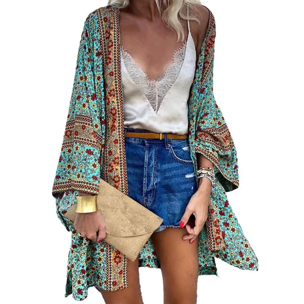 

2022 Fashion Long Sleeve Sun Protection Women Cardigan Quick Drying Summer Open Front Bohemian Floral Printed Shirt for Beach