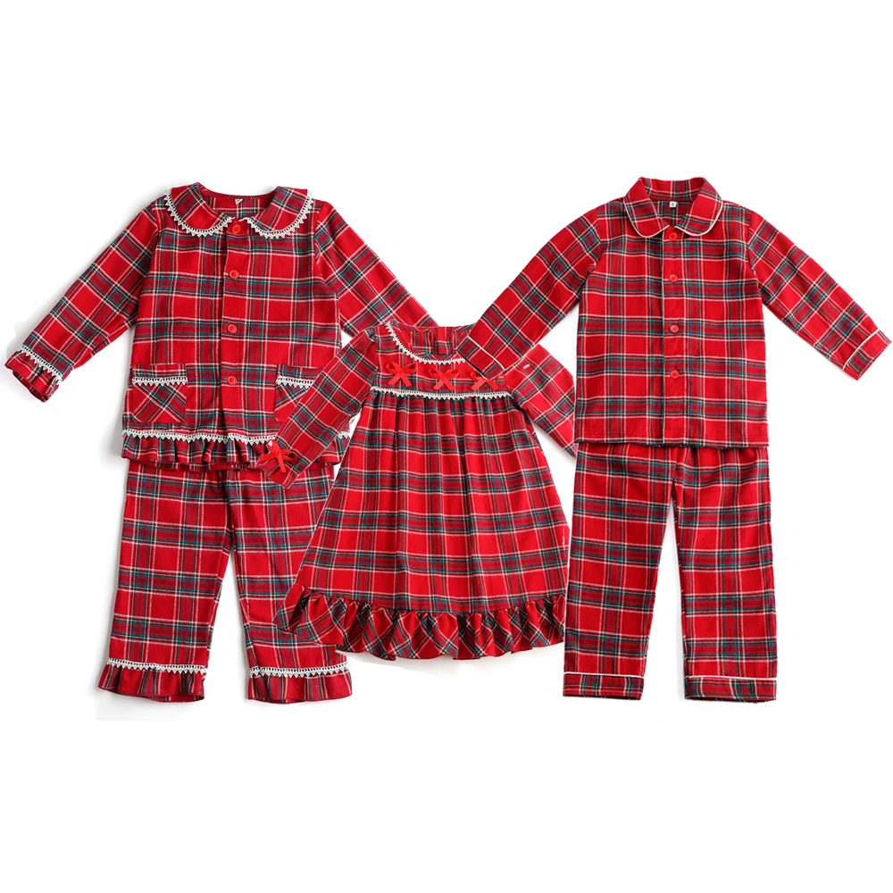 Flannel Christmas Pajamas Monogrammed Kids Boys and Girls Red Tartan Matching Pyjamas Lace Lounge Set