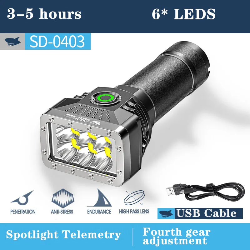 6 LEDs Flashlight Rechargeable Mini Torch High Brightness Power Display Outdoor Lighting for Camping Emergency