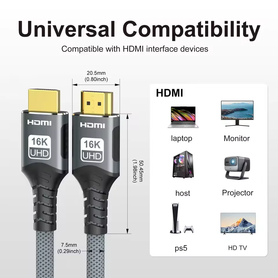 Кабель HDMI 2.2 16K, высокоскоростной плетеный видеокабель 96 Гбитс, 16K при 30 Гц60 Гц, 8K при 120 Гц, 4K при 240 Гц, HDR, совместимый с ноутбуком, ТВ, PS5 Switch (art.: 3920d36f0bcde) - 3920d36f0bcde