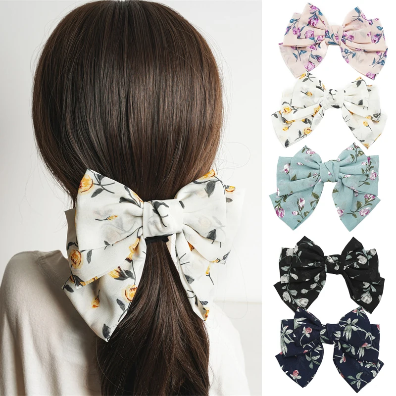 

New Women Large Bow Hairpins Summer Chiffon Floral Big Bowknot Barrettes Ponytail Holder Metal Spring Clip Hair Accessories