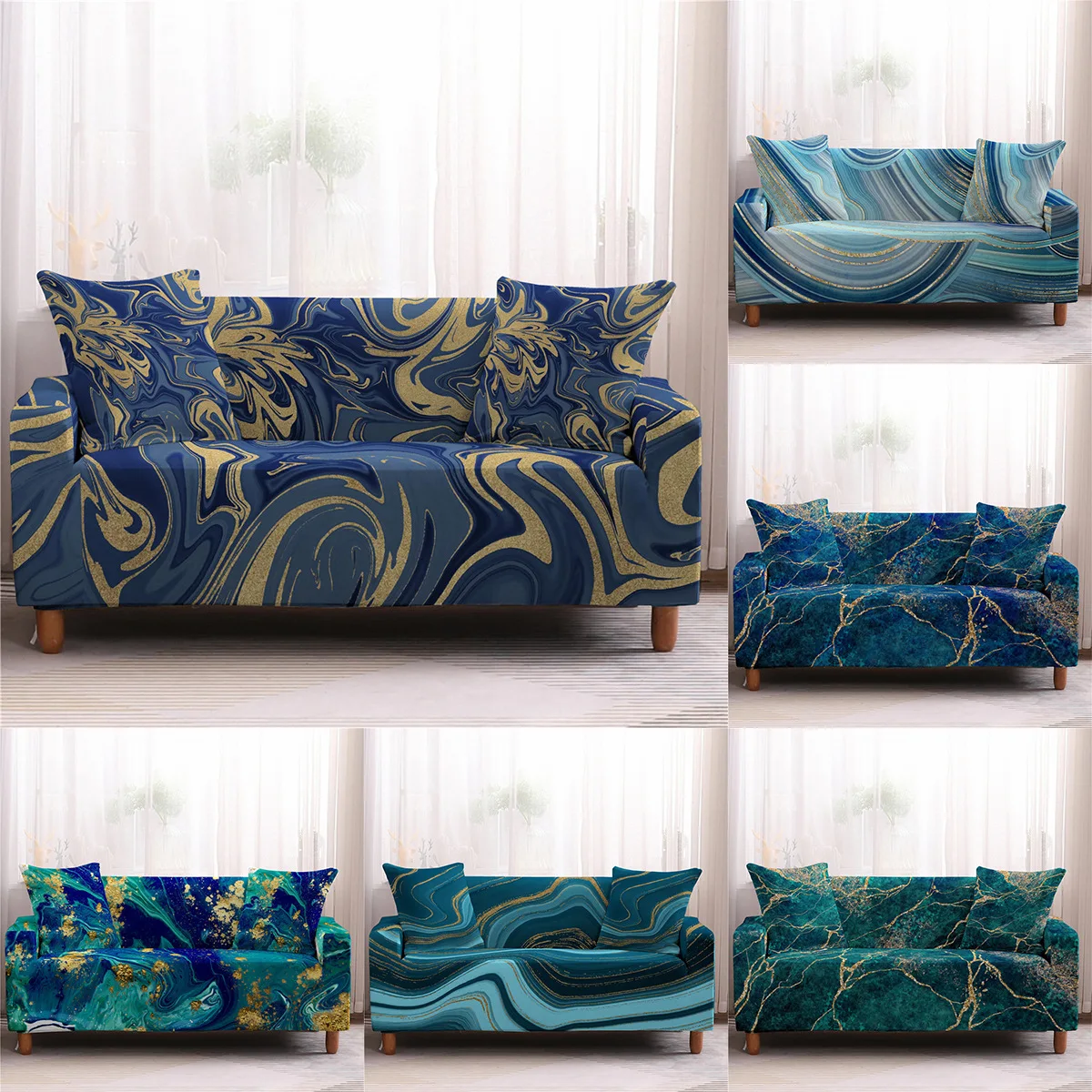

Flow Marbling Print Elastic Couch Cushion Covers Washable Stretch Furniture Protector Removable Seat Covers for Living Room