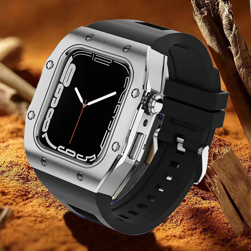 Luxury Modification Kit Case for Apple Watch Metal Beze Steel Case WatchBand for IWatch 8 7 6 Se 5 4 Rubber Strap 45mm 44mm Mod