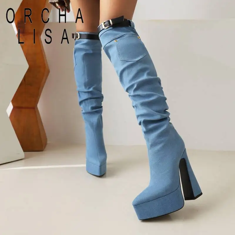 

ORCHA LISA Design Shoe Woman Thigh Booty 50cm Denim Pointed Toe Platform 5cm Chunky Heels 14cm Buckle Big Size 43 Fashion Boots