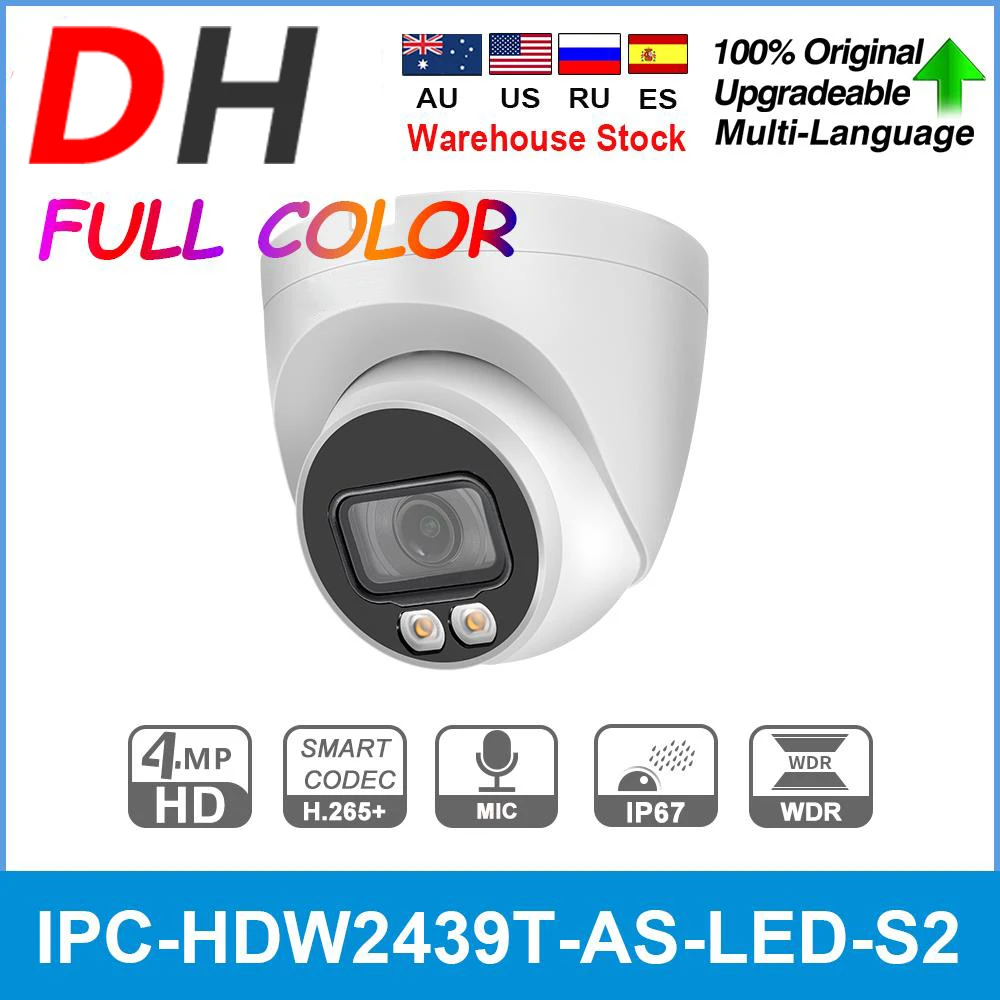

Dahua IPC-HDW2439T-AS-LED-S2 4-мегапиксельная IP-камера, полноцветная H.265 + IVS, Интеллектуальное обнаружение, встроенный микрофон, IP67 купольная камера