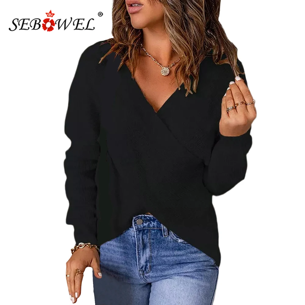 

SEBOWEL 2022 Autumn and Winter European and American Fashion New Sweater Women's Solid Color Cross Knitted Top S-3XL