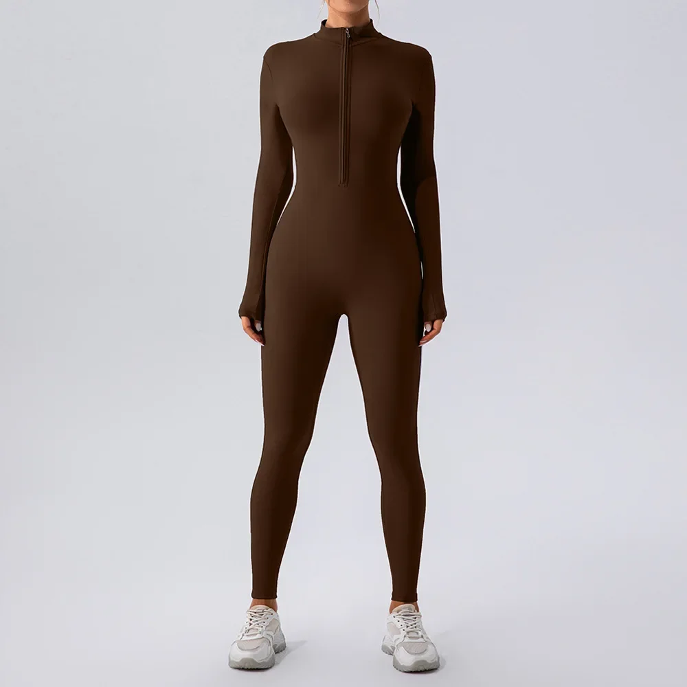 Zipper nude long-sleeved yoga onesie women's sports fitness