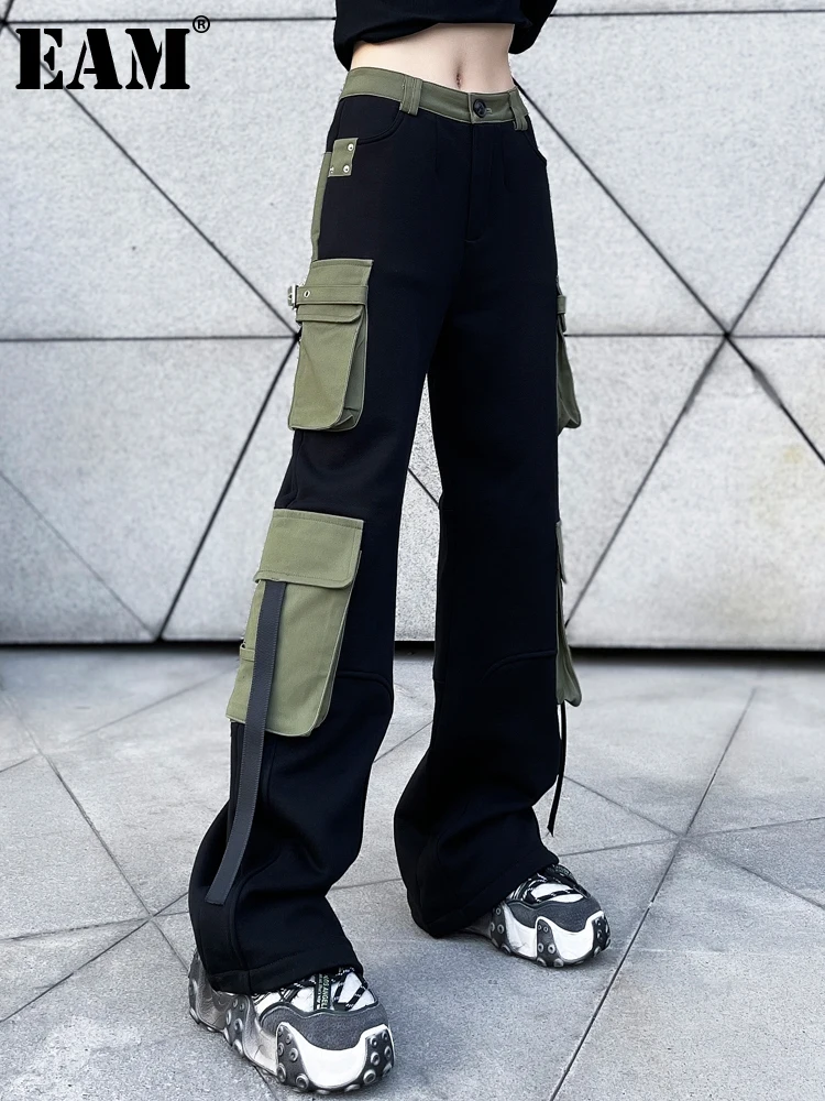 

[EAM] High Waist Black Pocket Color-block Cargo Trousers New Loose Fit Pants Women Fashion Tide Spring Autumn 2022 1DE6560