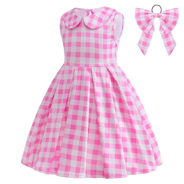 2023 Hot Movie Barbi Costume for Girls Cosplay Pink Plaid Dress Halloween Fancy Dress Up Carnival Party Kids Clothes 3-10 Yrs 3