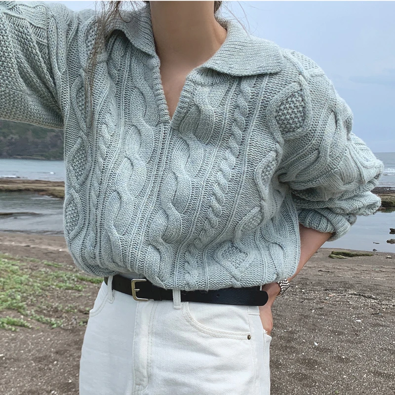 

Retro Women Sweater Pullovers Knitted Casual Solid Autumn Turn-down Collar Feminine Loose All Match Soft Sweet Tops Sweater