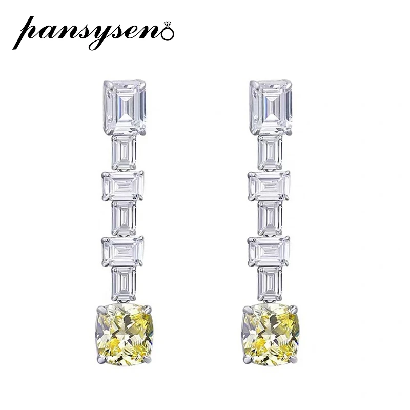 

PANSYSEN 100% 925 Sterling Silver Ice Emerald Cut Simulated Moissanite Citrine Gemstone Wedding Drop Earrings Women Fine Jewelry