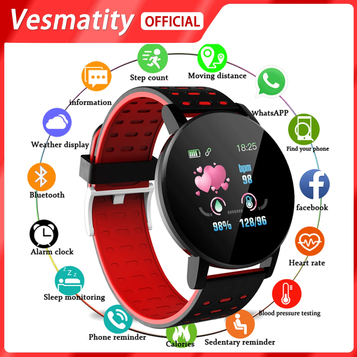 

Smart Watch Men 119Plus Sports Fitness Pedometer Watch Ladies Sleep Monitoring Waterproof Smart Watch for iPhone Xiaomi Huawei