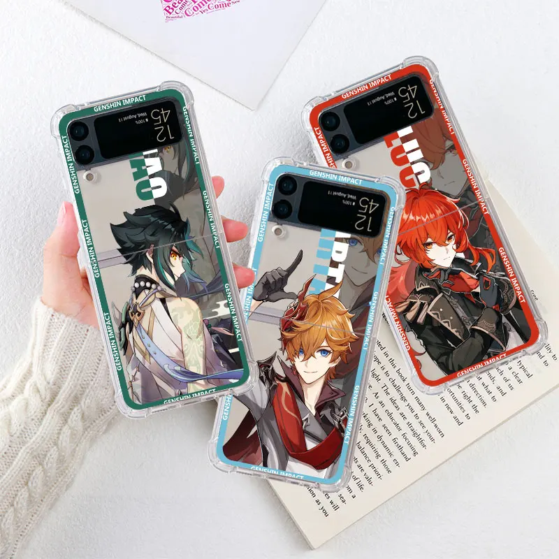 

Airbag Clear Case For Samsung Z Flip 4 3 5G Hard Shockproof Funda for Galaxy ZFlip4 ZFlip3 Shell Cover Genshin Impact Tartaglia