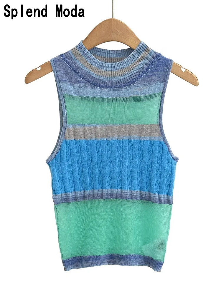 

2023 Women Autumn Fashion Striped Cropped Knitted Vest Sweater Vintage Turtleneck Sleeveless Female Waistcoat Casual Tops Mujer